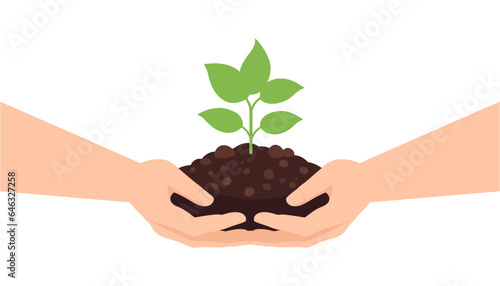 hand holds a sprout. Earth day, environment conservation concept. Flat design on white background. Vector illustration