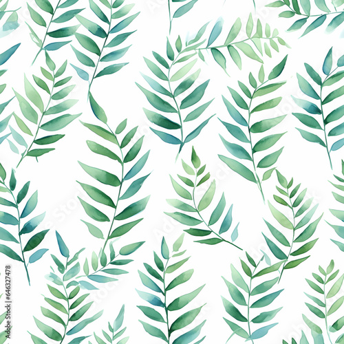 Seamless watercolor pattern of green fern leaves