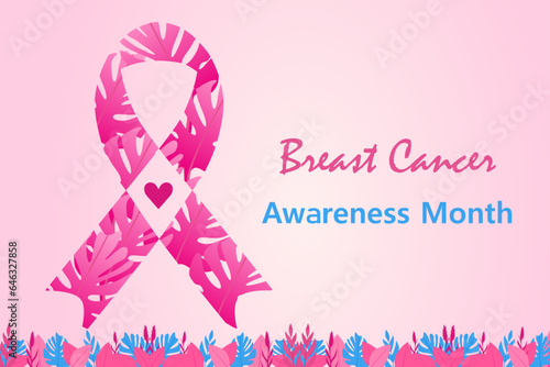 Breast Cancer awareness banner illustration. Pink ribbon, flowers, and heart love. Healthcare campaign.