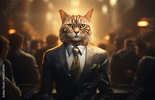 A cat, wearing suit (suit too large, clothing doesn't fit, humerous, cartoon), Location: Stock Market