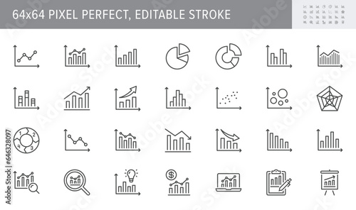 Graph line icons. Vector illustration include icon - data analysis, diagram, stat, histogram, economy outline pictogram for infographic statistic presentation. 64x64 Pixel Perfect, Editable Stroke