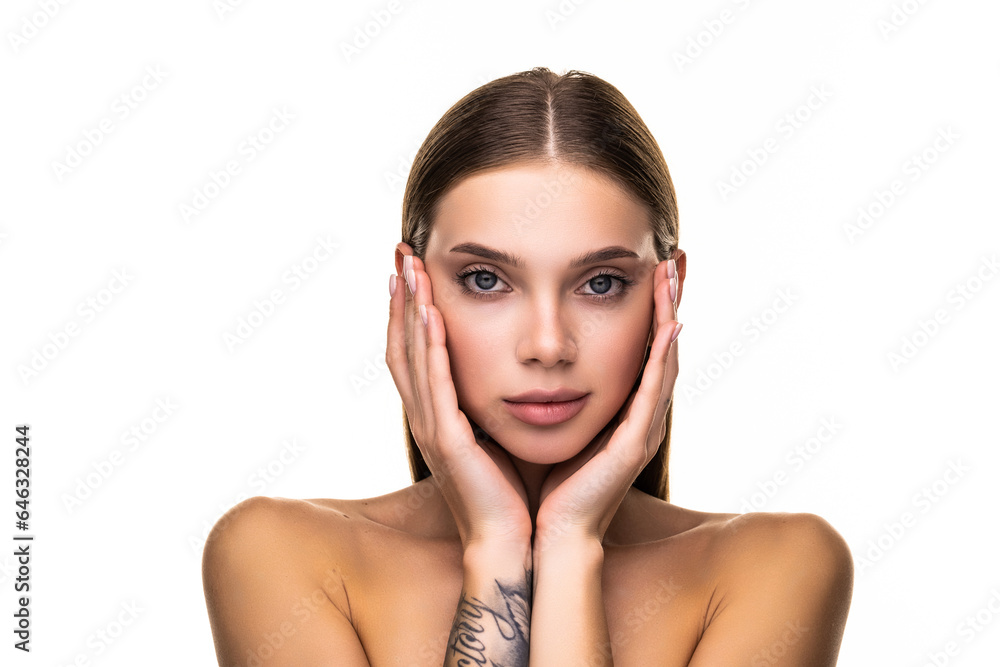 Beautiful young woman cares for the skin neck- posing at studio isolated on white Beautiful young woman cares for the skin neck- posing at studio isolated on white