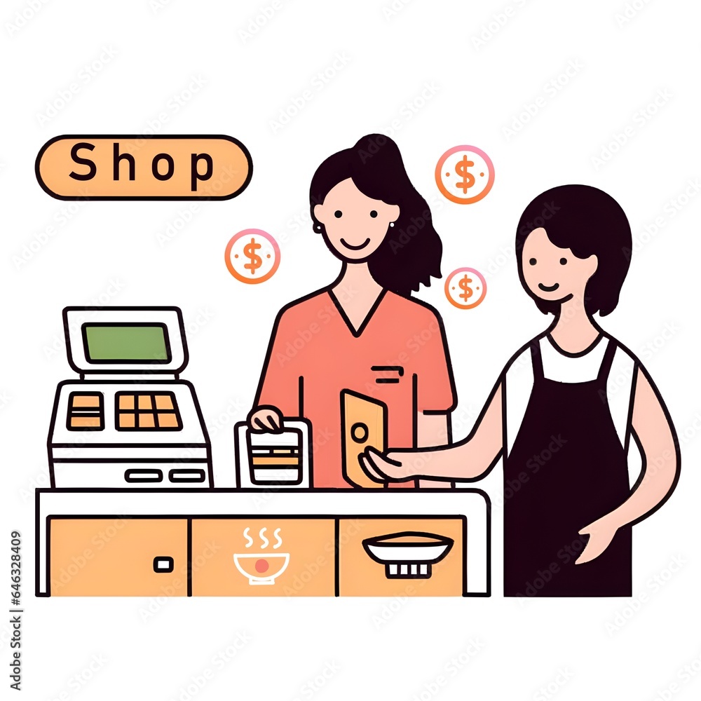 The customer is making payment to the store employee. The customer is making payment to the store employee.