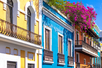 Puerto Rico colorful colonial architecture in historic city center.