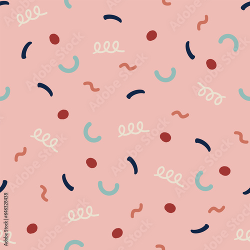 Hand drawn flat illustration of seamless confetti elements pattern on pink background. Concept for holidays, birthday celebration, surprise, gift wrap