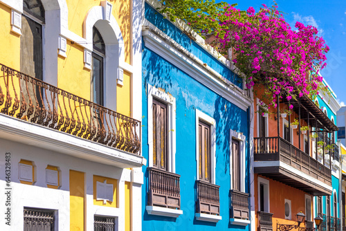 Puerto Rico colorful colonial architecture in historic city center. photo