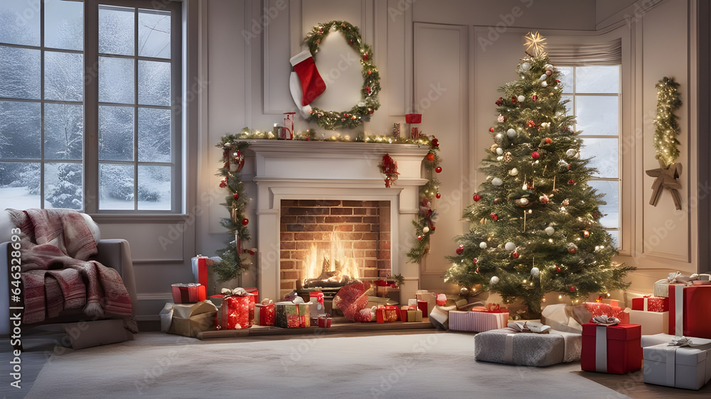 A snowy Christmas scene with a decorated tree and gifts under the tree. - Generated by Ai