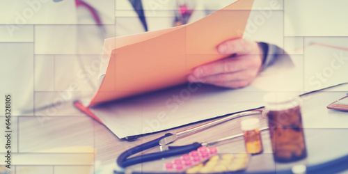 Doctor reading a medical report, geometric pattern