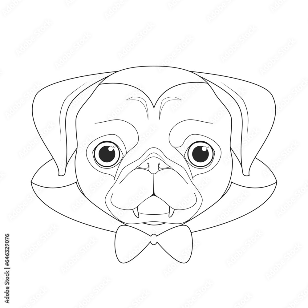 Halloween greeting card for coloring. Pug dog dressed as a vampire with fangs, bow tie and cape