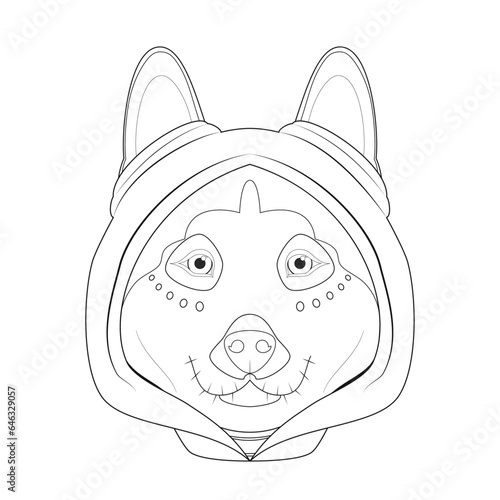 Halloween greeting card for coloring. Siberian Husky dog dressed as a skeleton with red hood