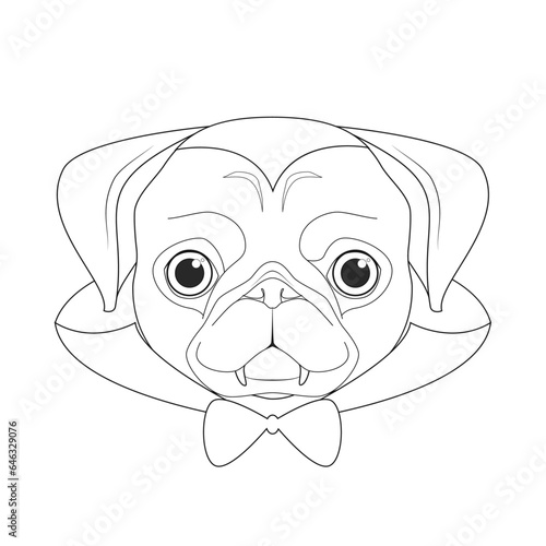 Halloween greeting card for coloring. Pug dog dressed as a vampire with fangs, bow tie and cape