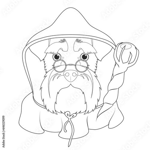 Halloween greeting card for coloring. Schnauzer dog dressed as a wizard with black hood and magic wand