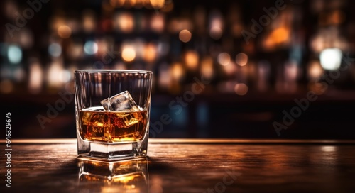Fotografia Glass of whiskey with ice cubes on wooden bar counter