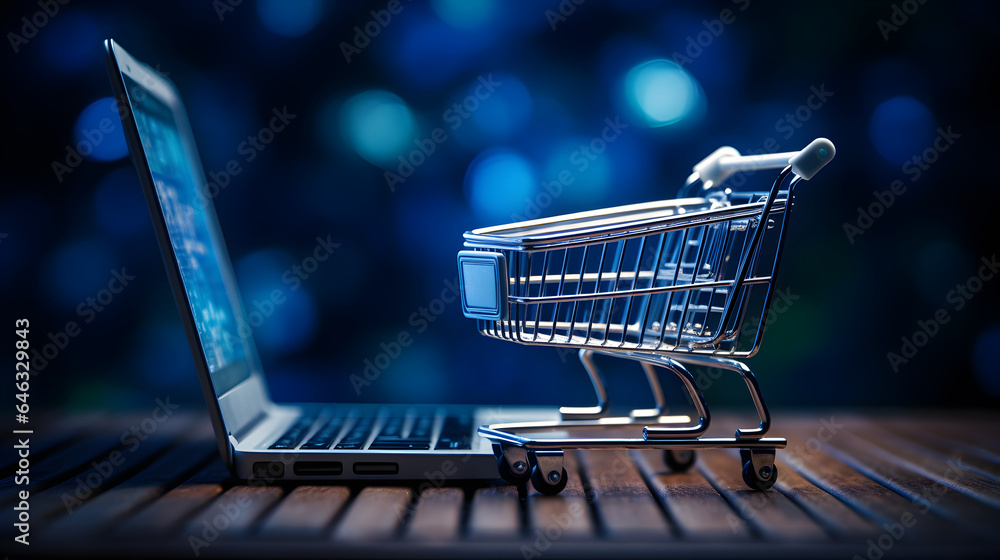 E-Commerce or online shopping concept, miniature cart near the laptop