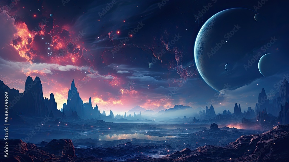 Fototapeta premium Outer space scene with planets and galaxies illustration.