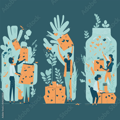 Donation illustration set. Volunteers collecting and packing used clothes in boxes for charity. Characters putting money and hearts in jar. Financial support concept. Vector illustration.
