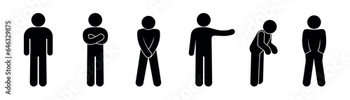 stick figure man icon, set of human silhouettes, poses and gestures, isolated people