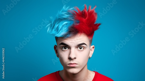 Colorful studio portrait of a cool teenager boy with a crazy haircut. Bold, vibrant and minimalist. Generative AI