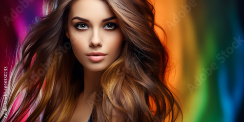 Brunette girl with long and shiny wavy hair on rainbow background. hairstyle, hair care concept