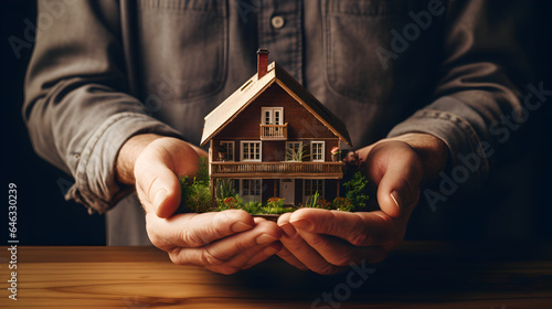 Man holding a miniature home in his hands, buying a new house as an investment