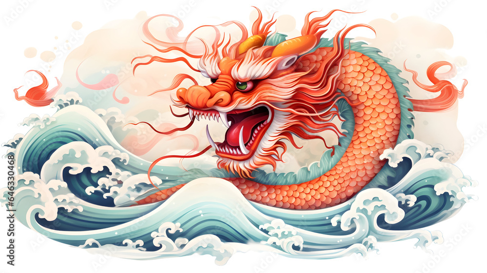 Traditional Chinese new year gold dragon in sea waves isolated on white Traditional Chinese new year gold dragon in sea waves isolated on white