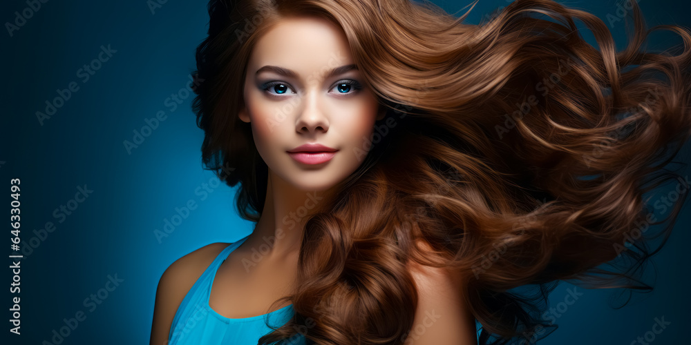 Beautiful young woman with blowing wavy long brunette hair on blue background. Hair Style, hair care Beautiful young woman with blowing wavy long brunette hair on blue background. Hair Style, hair care