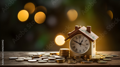 Miniature home with several cents kept with an alarm clock, home loan emi concept photo