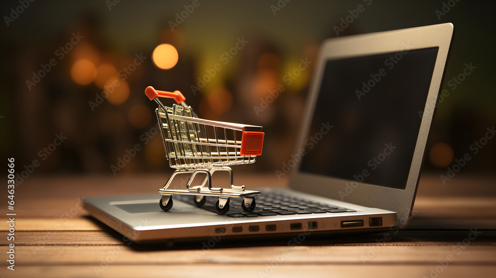 Online shopping or E-Commerce concept, miniature shopping cart on the laptop keyboard