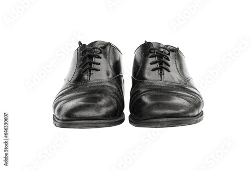 Worn black leather shoes for men isolated on white background