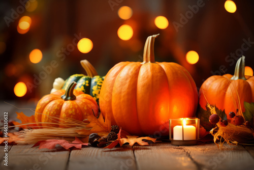 Autumn table decoration with pumpkins for halloween and thanksgiving