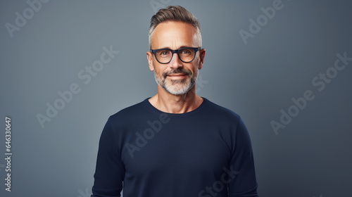 Studio portrait of smiling caucasian man in his 40s, glasses and gray hair, casual look, blue colors, copy space, satisfied customer or client