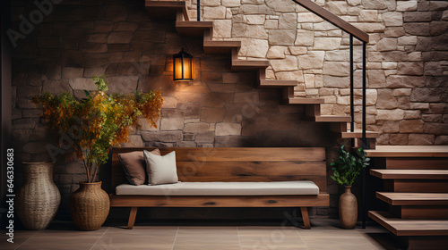 Sofa in modern living room interior with stone wall and wooden stairs