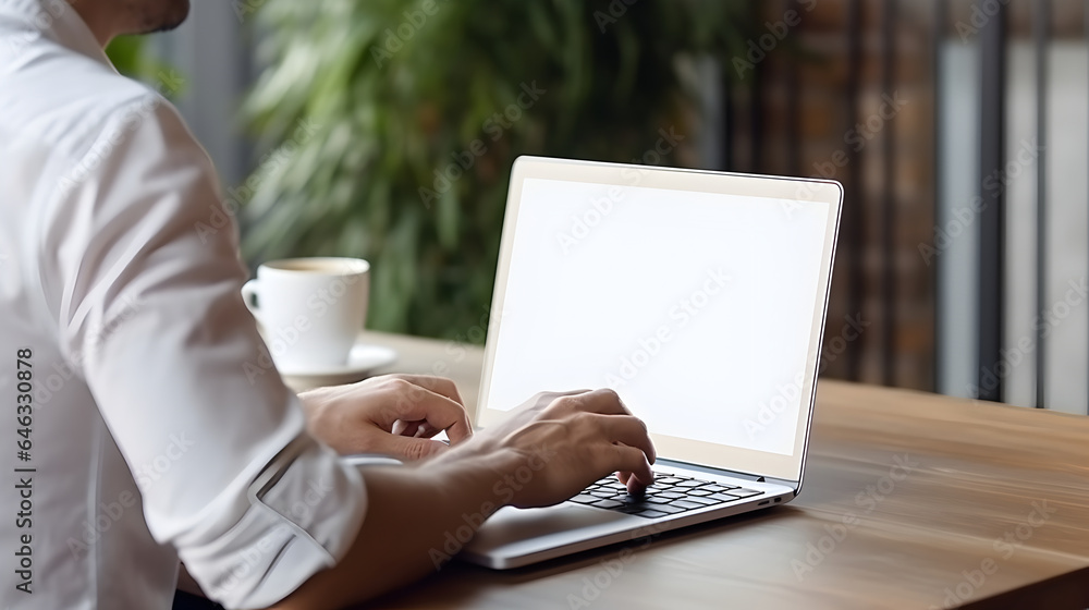 Young businessman using a laptop or computer at home, blank empty white screen mock up Young businessman using a laptop or computer at home, blank empty white screen mock up