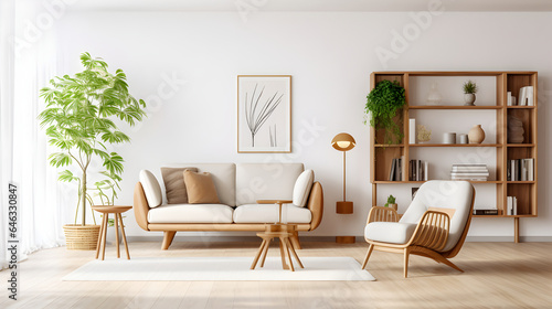 Stylish scandinavian living room with designer furniture, plants, bookstand and sofa set, Abstract painting on the white wall in the apartment, Modern decor of bright room photo