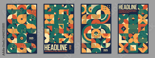 Geometric vector posters and covers in Bauhaus style, layout for advertisement sheet, brochure or book cover, retro 70s pattern in native ceramic colors.