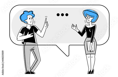 Young man and woman having a dialog about work and business vector outline illustration, employees have a conversation.