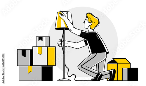 Moving to new apartment or business moving to new office, person carry and unpack boxes with stuff, beginning of new life, vector outline illustration.