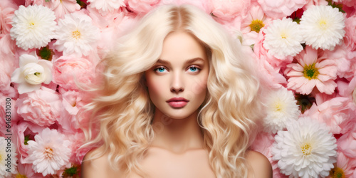 Beauty blonde woman long wavy hair, healthy skin, natural makeup, blue eyes on flowers background