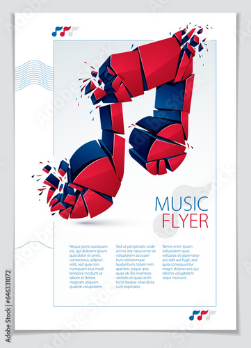 Musical note breaking to pieces and exploding, vector 3d realistic illustration symbol. Hard and loud music sound concept, flyer or brochure design, rock or electronic genres, club or festival idea.