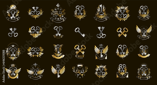 Vintage keys vector logos or emblems, heraldic design elements big set, classic style heraldry turnkeys symbols, antique secrets and locks.
