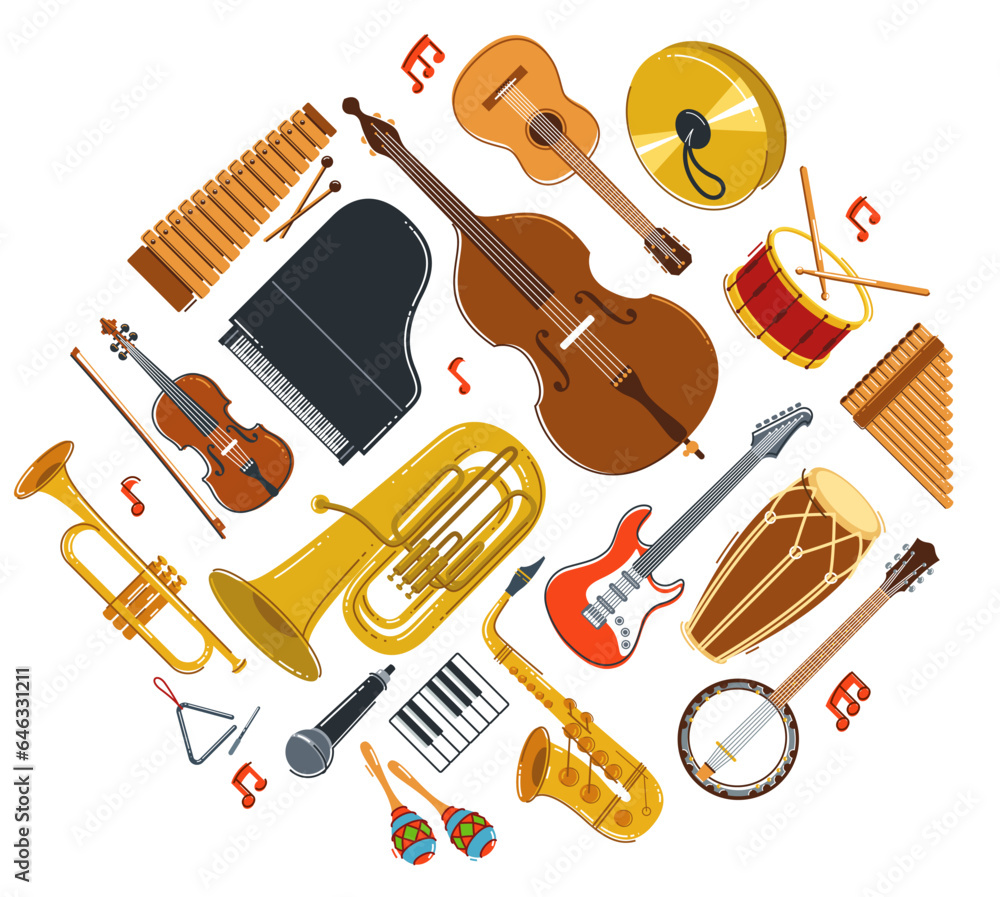Fototapeta premium Music orchestra diverse instruments vector flat illustration isolated on white background, live sound concert or festival, musical band or orchestra playing and singing songs.