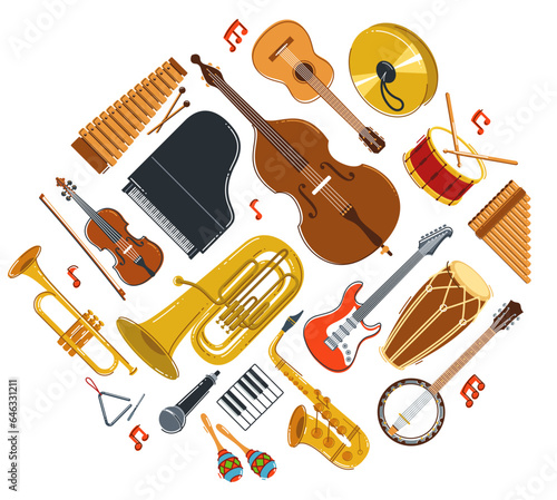 Music orchestra diverse instruments vector flat illustration isolated on white background, live sound concert or festival, musical band or orchestra playing and singing songs.