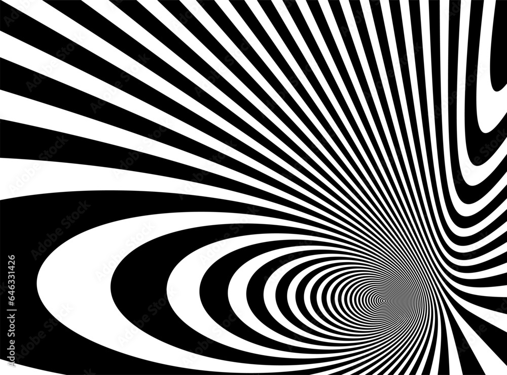 Naklejka premium Op art distorted perspective black and white lines in 3D motion abstract vector background, optical illusion insane linear pattern, artistic psychedelic illustration.