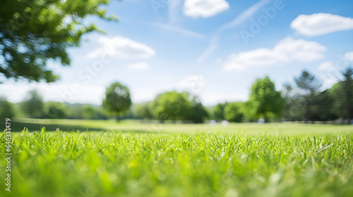 Tranquil Manicured Lawn and Lush Trees Under Blue Sky, Blurred Background for Calm Spring Day.