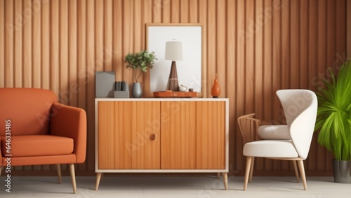For the contemporary living room interior design employing wood wall paneling, there are two orange armchairs and a poster. a sideboard, a window, coffee tables, pendant lighting, and parquet. © MB Khan