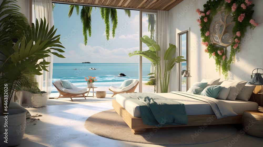 Tropical resort bedroom, interior in light colors, panoramic windows and sea view, luxury relaxation