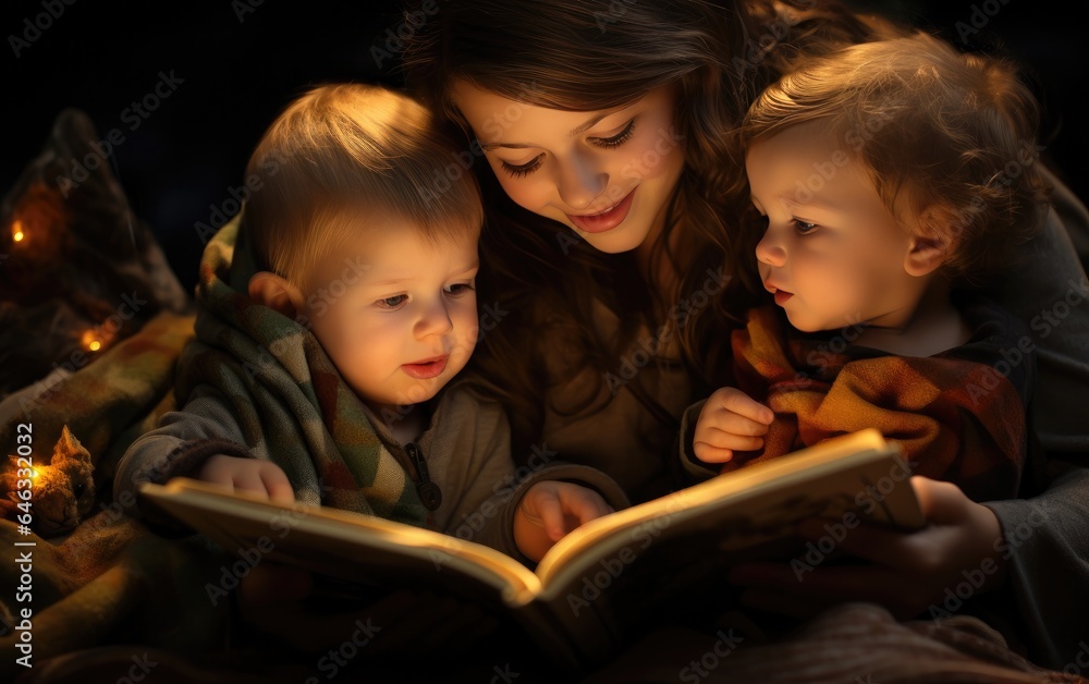 picture of two toddlers on a cozy blanket, captivated by a storybook their parent is reading to them illustration ,Generative AI picture of two toddlers on a cozy blanket, captivated by a storybook their parent is reading to them illustration ,Generative AI