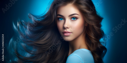 Beautiful young woman with blowing wavy long brunette hair on blue background. Hair Style, hair care