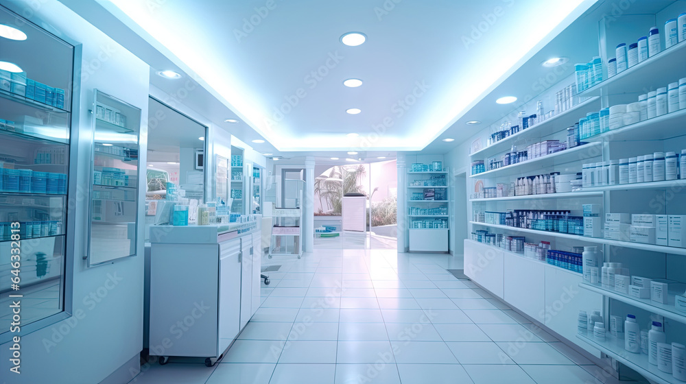 Pharmacy Interior, medicine cabinet and store medicine and pharmacy drugstore for Blurry background. Generative Ai Pharmacy Interior, medicine cabinet and store medicine and pharmacy drugstore for Blurry background. Generative Ai