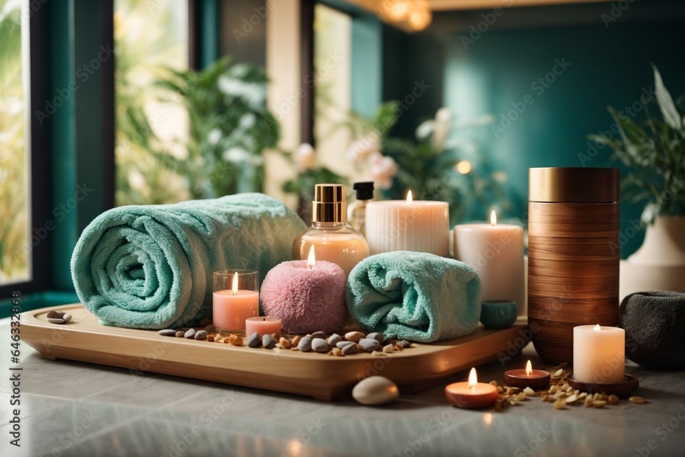 Spa composition with sea salt, candles and towels on light background